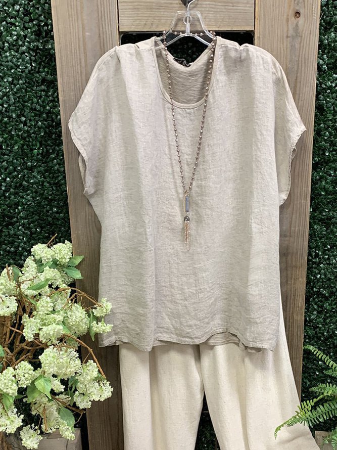 Linen Crew Neck Batwing Shift Shirts & Tops
