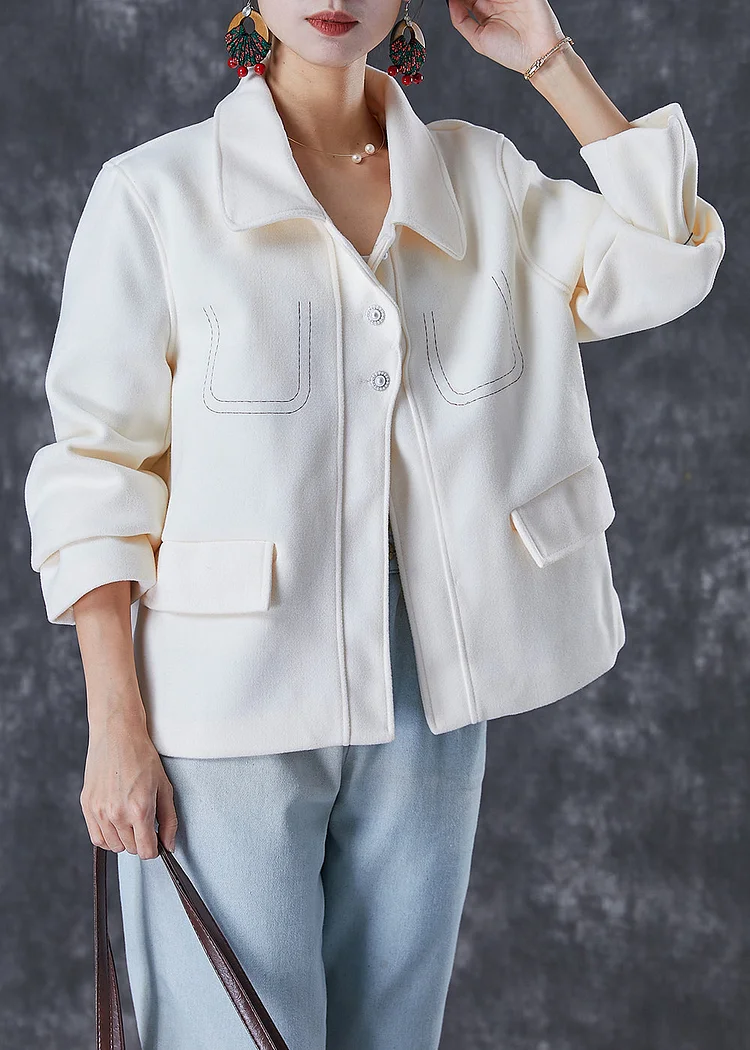 Fashion White Embroideried Woolen Coat Fall