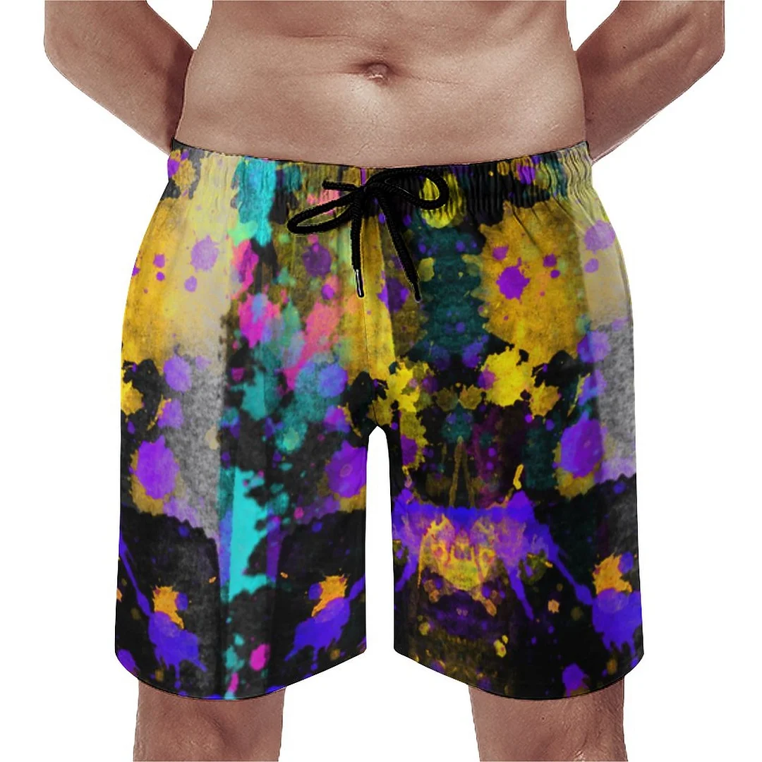 1990S Style Unisex Neon Brush Stroke Men's Swim Trunks Summer Board Shorts Quick Dry Beach Short with Pockets
