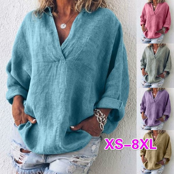 XS-8XL Autumn Tops Plus Size Fashion Clothes Women's Casual Long Sleeve Tee Shirts Deep V-neck Tunic Tops Ladies Blouses Pullover Loose T-shirts Solid Color Linen Blouses - BlackFridayBuys