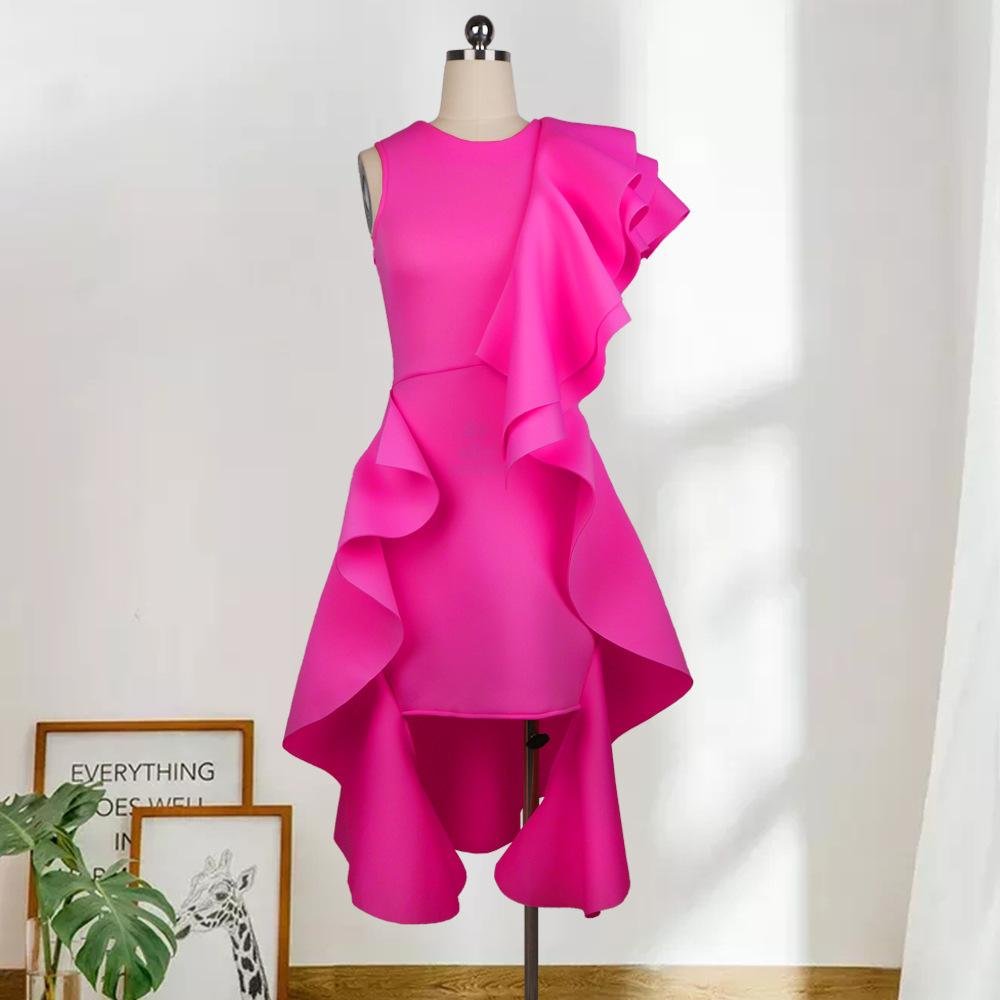 Neosepa-Gorgeous Roun Neck Sleeveless Flounce Trimed Overlapping Solid Midi Dress