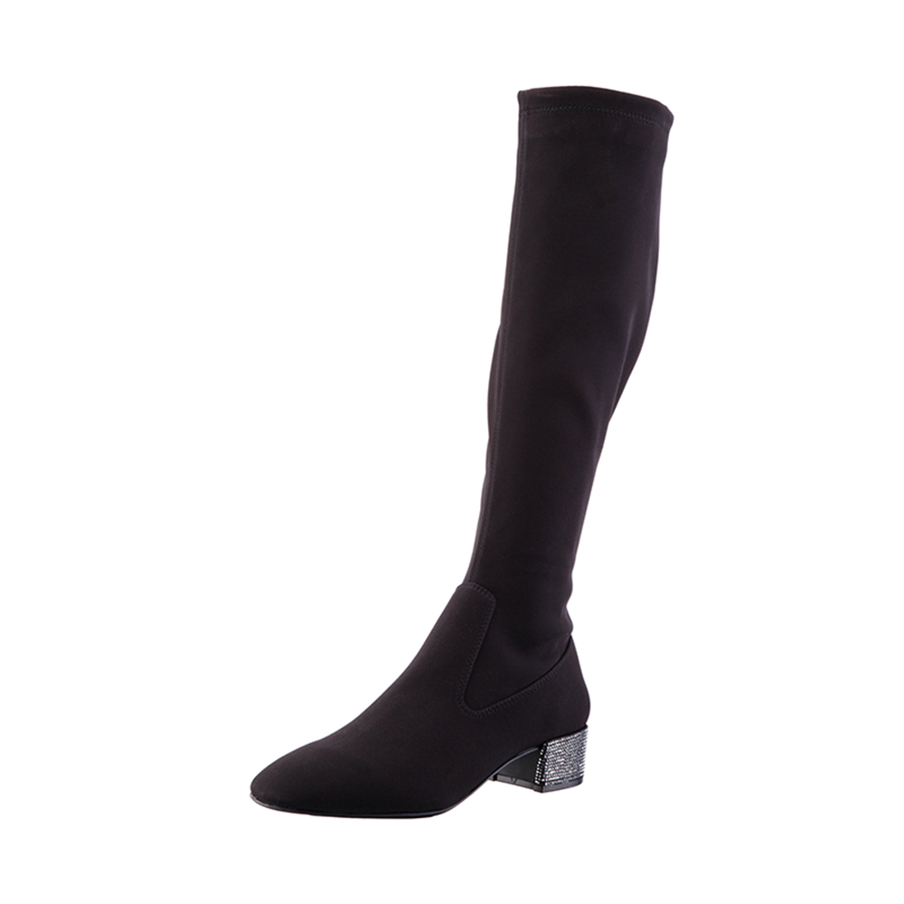 Women's Black Round Toe Rhinestone Low Block Heel Tall Boots Nicepairs