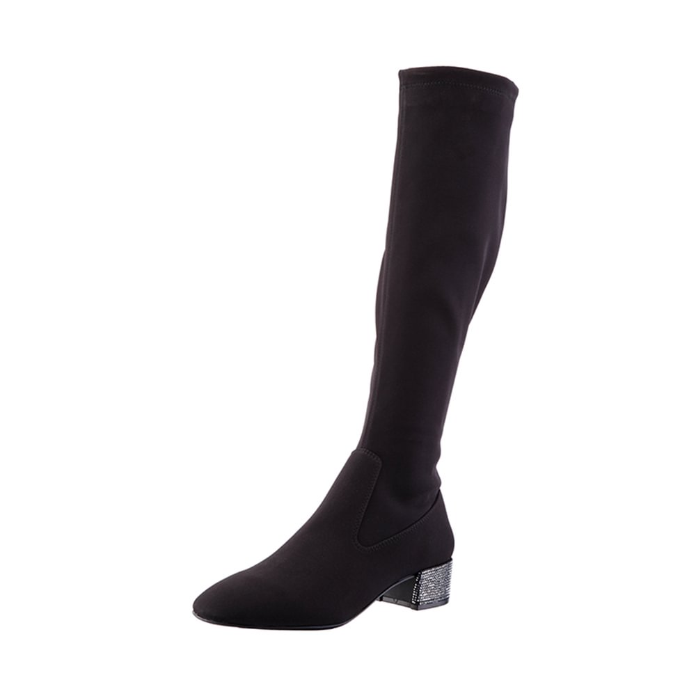 Full Black Suede Knee High Boots Almond Toe Block Heel Boots Nicepairs