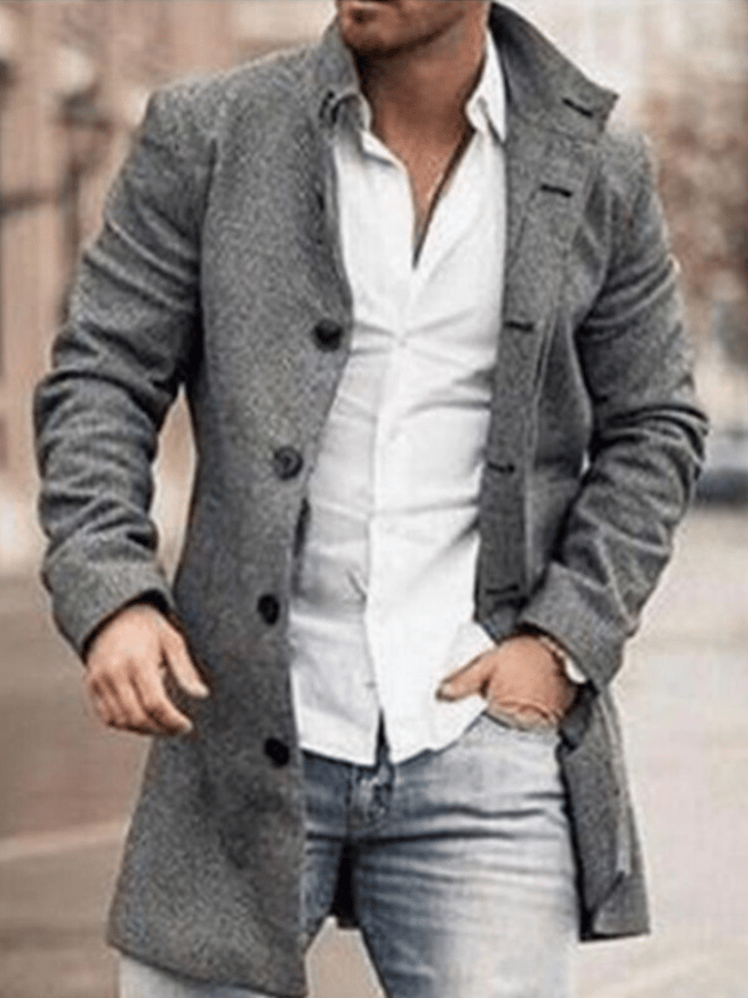 Men's Woolen Stand Collar Mid Length Casual Pocket Coat