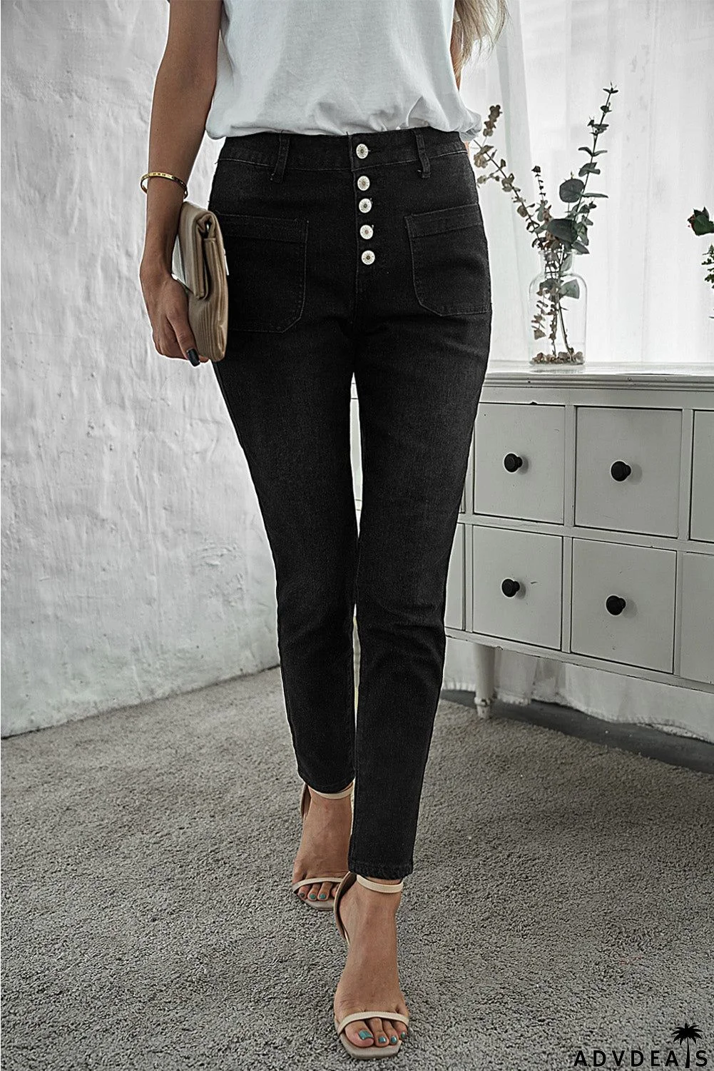 Fashion Women Black Button Fly Skinny Jeans with Pockets