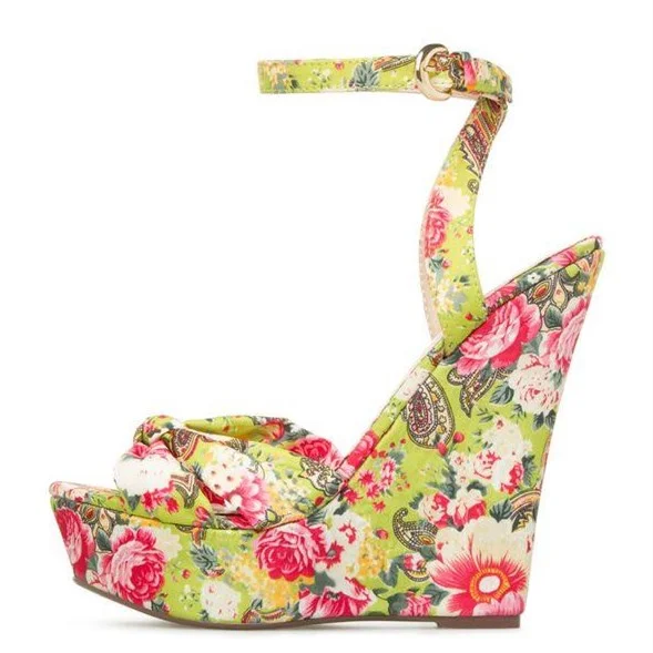Lime Satin Floral Heels Custom Made Wedge Sandals |FSJ Shoes