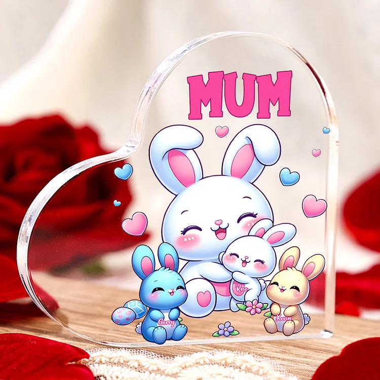 3 Names-Personalized Mum Rabbit Acrylic Heart Keepsake Custom Text Acrylic Plaque Ornaments Gifts Set With Gift Box for Nan/Mother for Easter