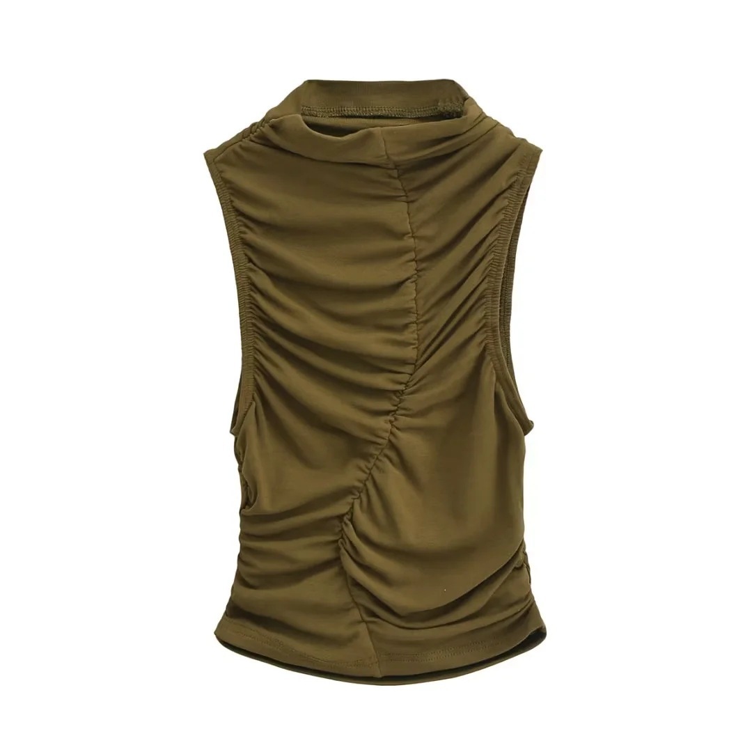 Huerhs 2025 Summer New Stand Collar Sleeveless Pleated Vest Women Solid Colid Slim Cinching Waist Casual Versatile Short Top YX6D