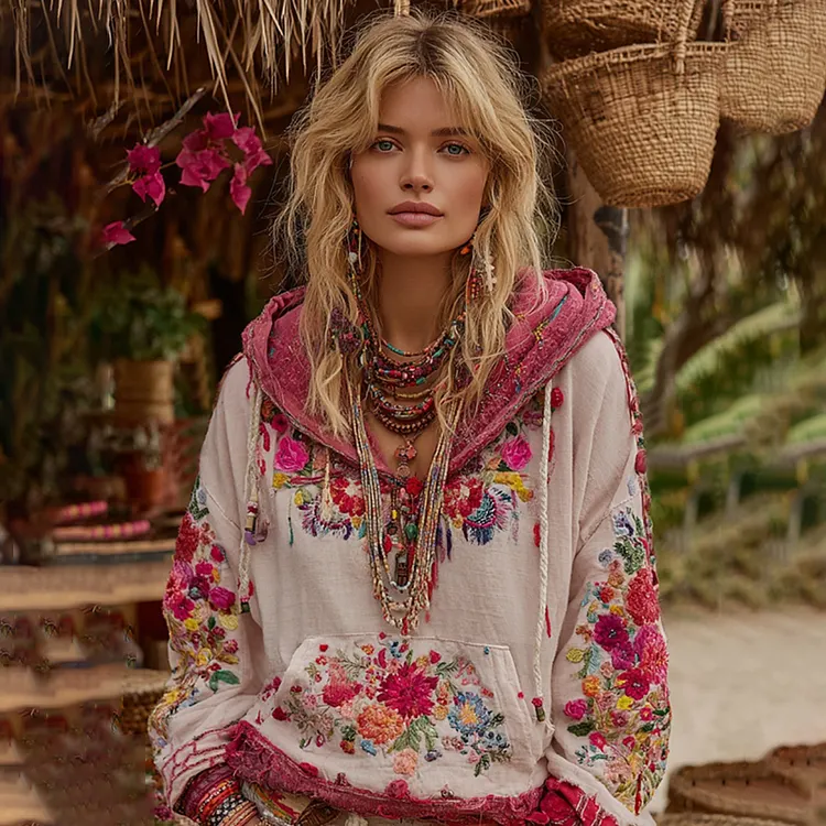 Women's Bohemian Floral Embroidery Art Casual Cotton Linen Hoodie
