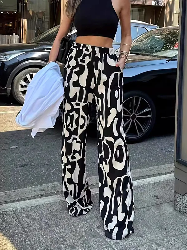 Contrast Color Elasticity Printed Split-Joint High Waisted Loose Trousers Pants