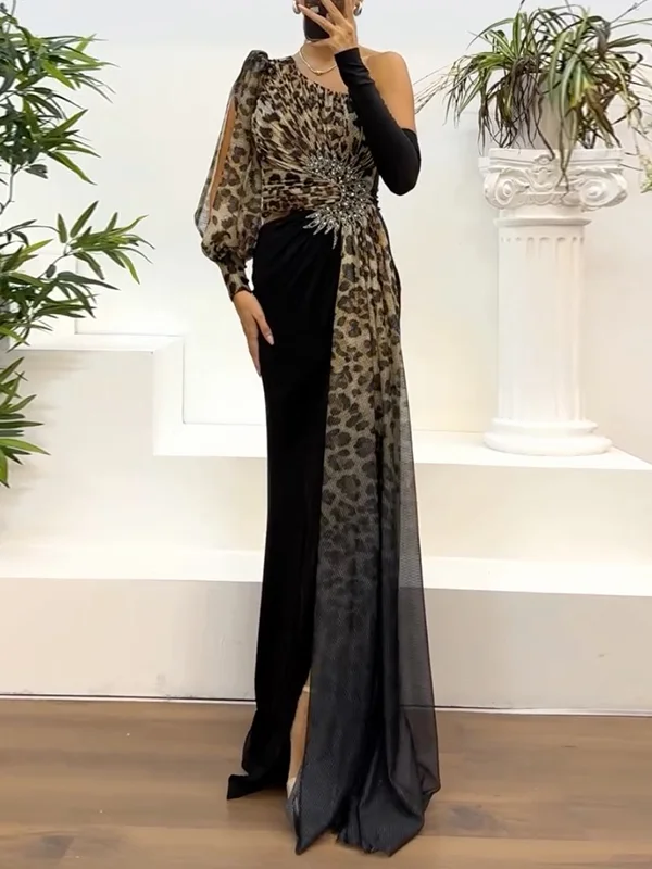 leopard Sequinned flower longsleeves Asymmetric Split-Side Wrap Evening Maxi Dresses
