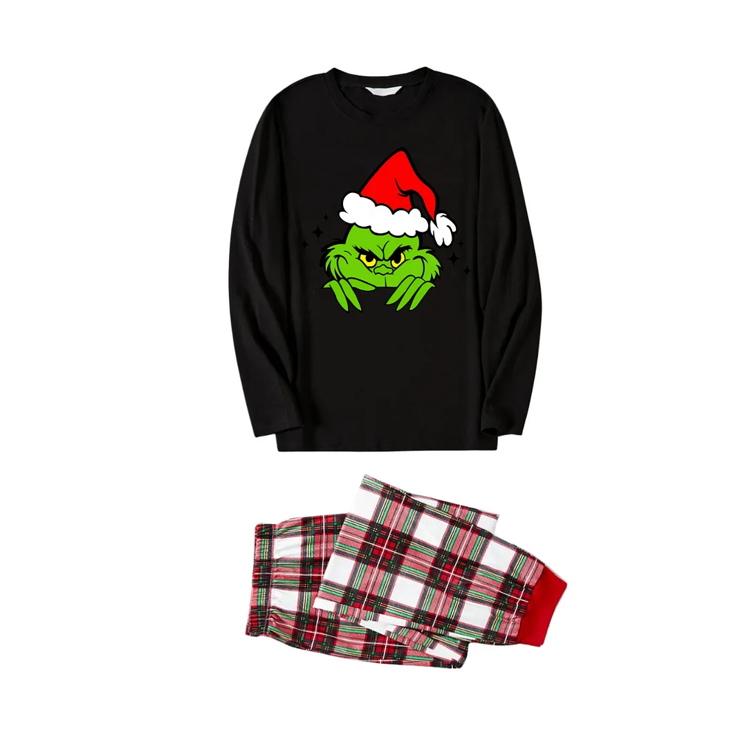Christmas Cartoon Print Black Long Sleeve Top with Red & White & Green Plaid Family Matching Pajamas