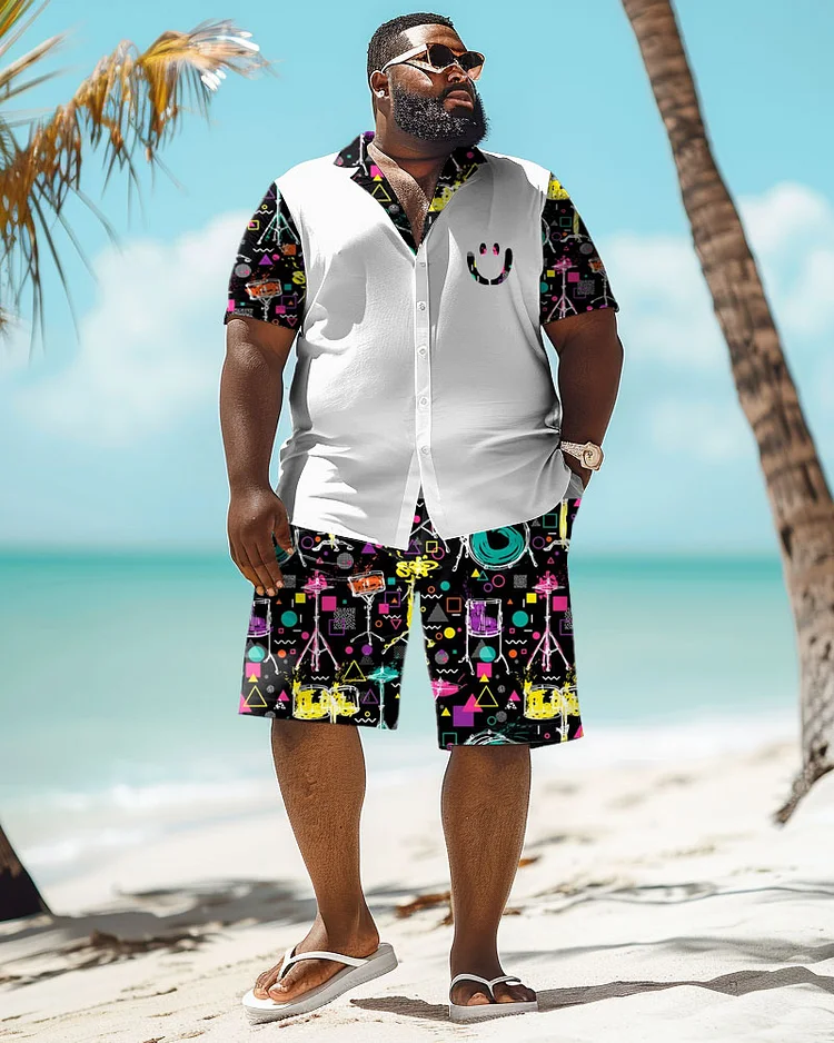 Men's Plus Size Hip Hop Style Printed Short Sleeve Shirt Shorts Suit
