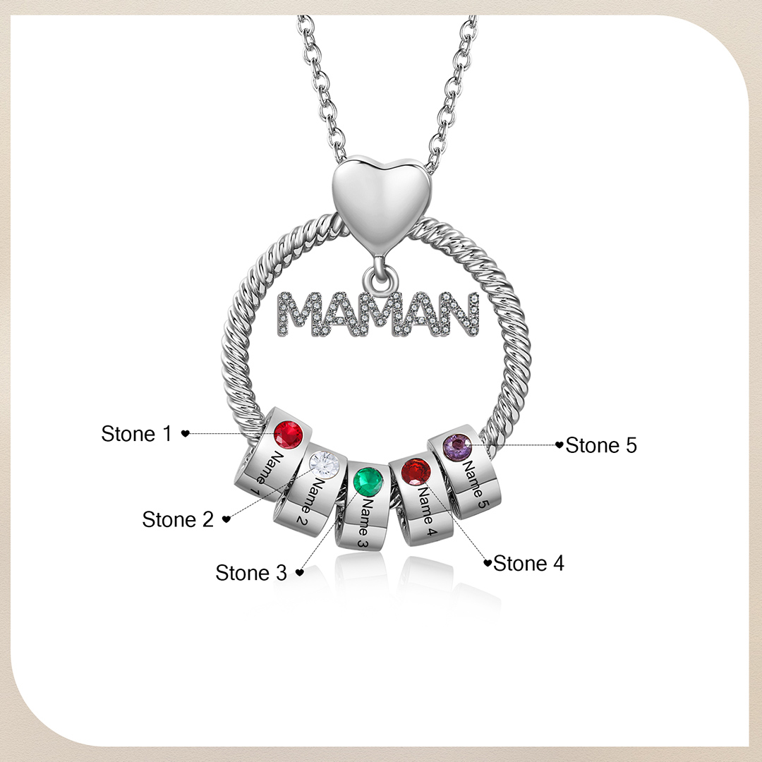 À ma Maman - Collier Pendentif 5 Prénoms Personnalisés avec Pierre de naissance
