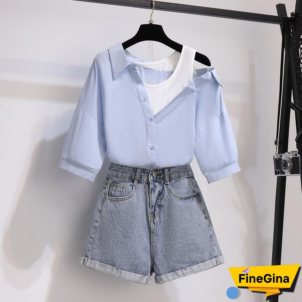 Fashion Off Shoulder Blouse+Denim Shorts P11605