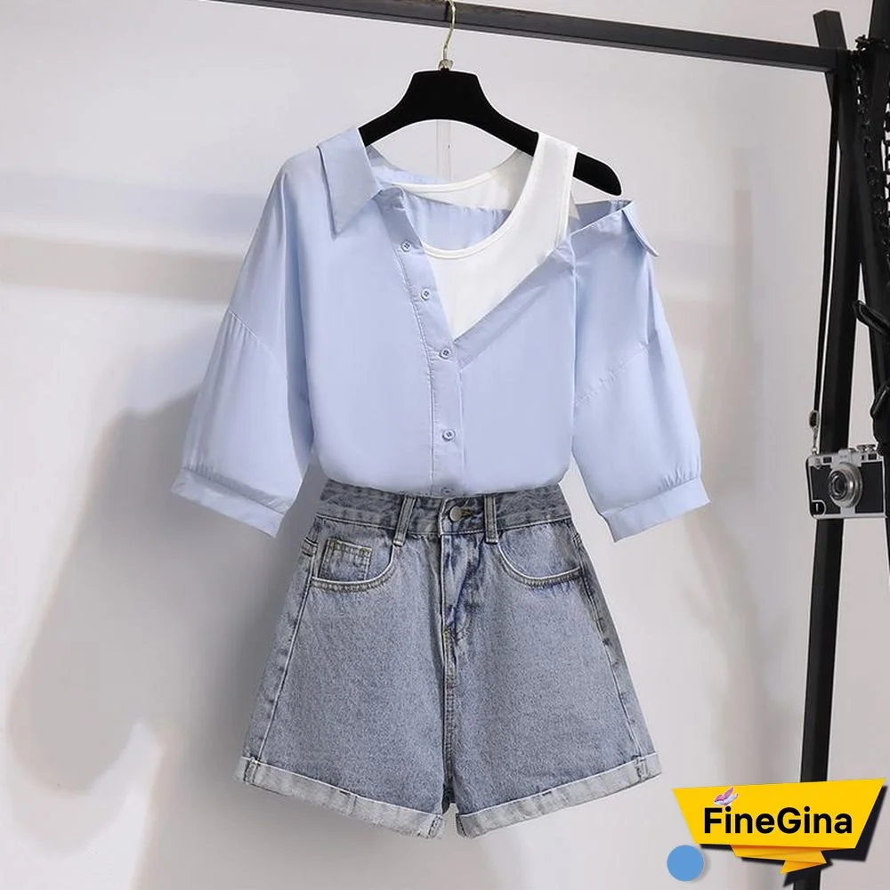 Fashion Off Shoulder Blouse+Denim Shorts P11605