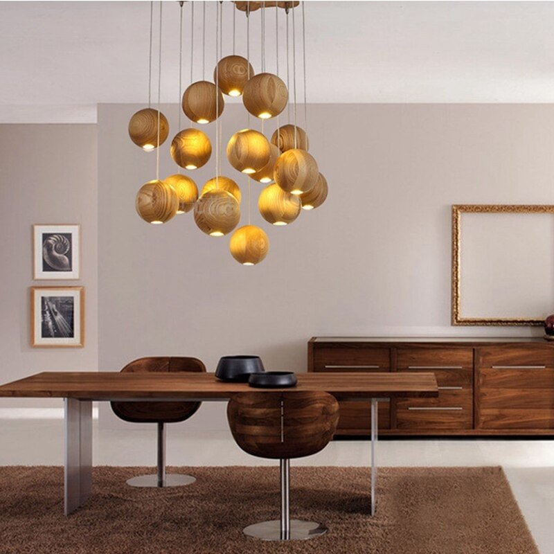 Wood Balls Chandelier Lighting, Modern Nordic Creative Pendant Lamp Drop Lights For Loft Room Hotel Restaurant Shop Decor