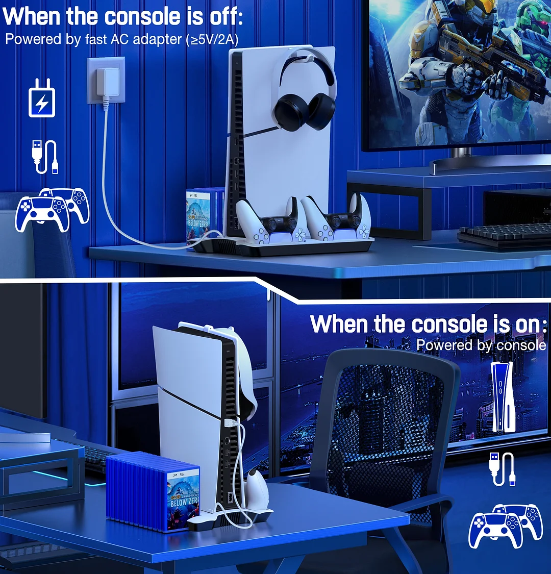 PS5 Stand Cooling Station for 2023 PS5 Slim,DinoFire Dual Fast PS5 Controller Charging Station,PS5 Accessories for Sony 2020 PS5 Digital/Disc Console