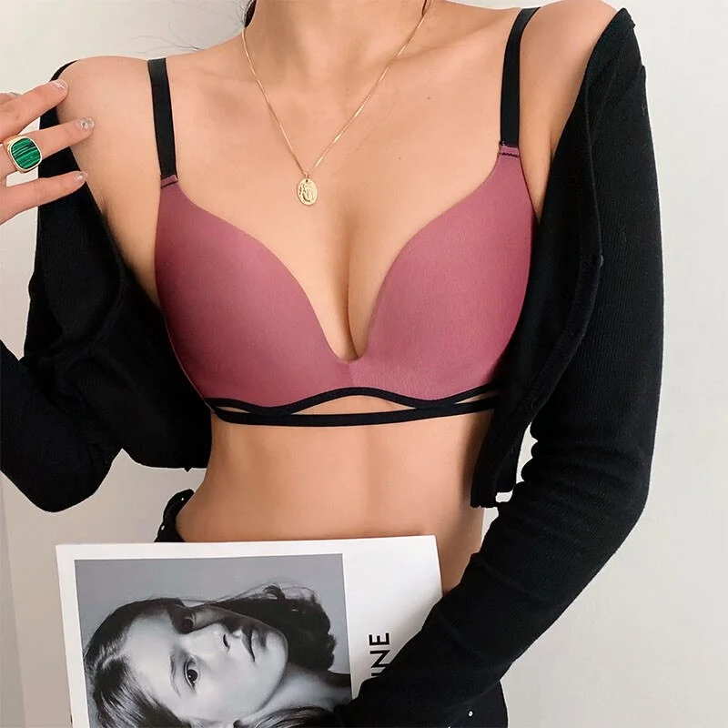FINETOO Women Deep V Bra Sexy Push Up Bra Ladies Seamless Top Wire Free Lingerie Female Solid Color Bralette Intimates Brassiere