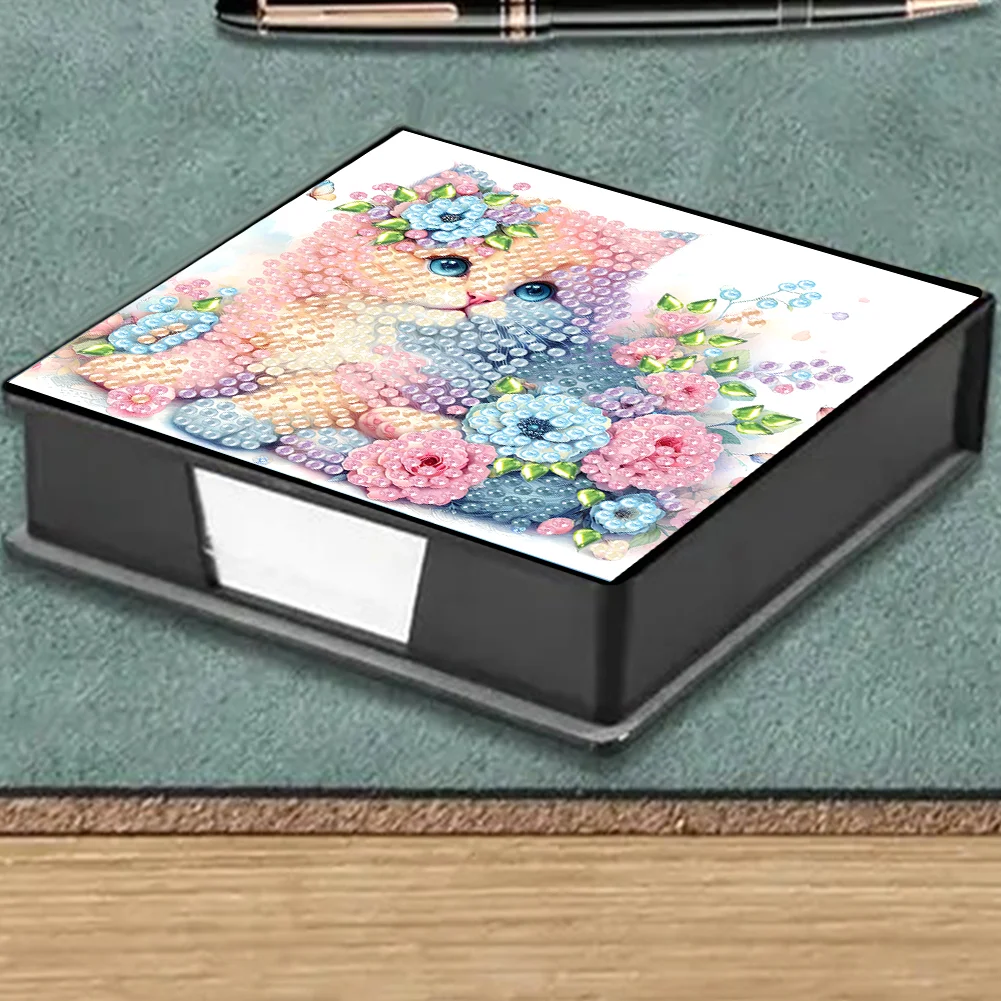 DIY Flower Cat Leather Diamond Art Note Box with 160 Sheets of Paper for Beginners