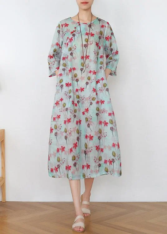Plus Size Print Oriental Pockets Mid Summer Linen Dress