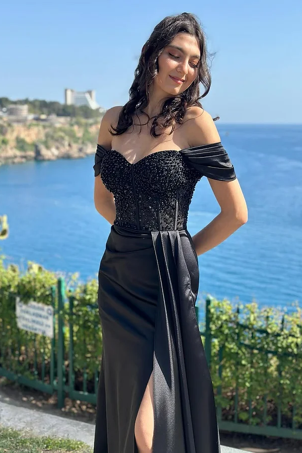 Daisda Black Sleeveless Beads Off-Shoulders Sweetheart Mermaid Prom Dress