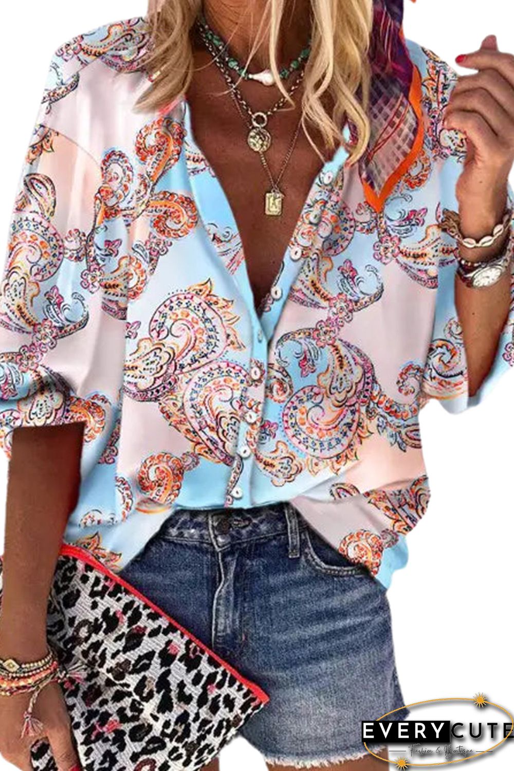 Sky Blue Boho Paisley Print Lantern Sleeve Button-Down Shirt