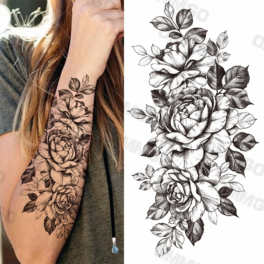 Sdrawing Rose Flower Skeleton Temporary Tattoos For Women Adult Girl Lion Tiger Crown Fake Tattoo Body Art Painting Tatoo Decal