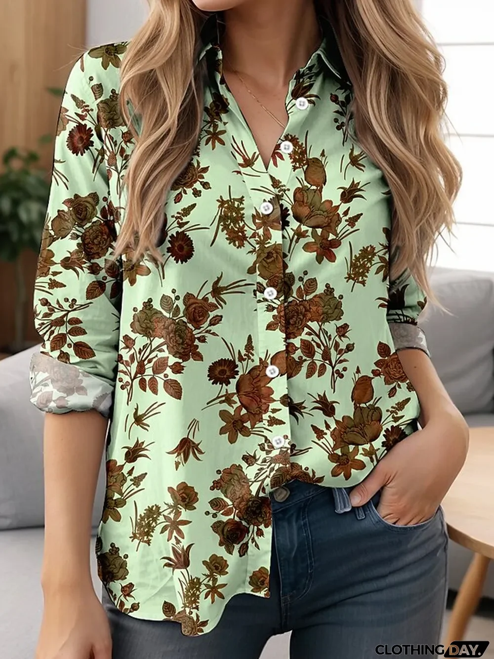 Women's Shirt Blouse Floral Casual Holiday Pink Red Blue Print Button Long Sleeve Fashion Shirt Collar Regular Fit Spring & Fall