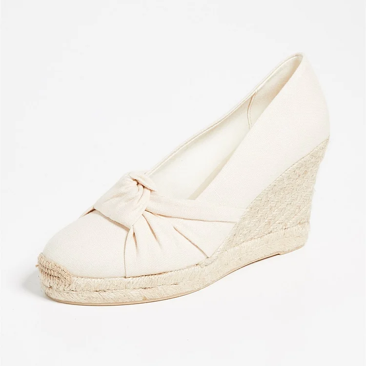 White Espadrille Wedges Round Toe Platform Wedding Shoes Vdcoo