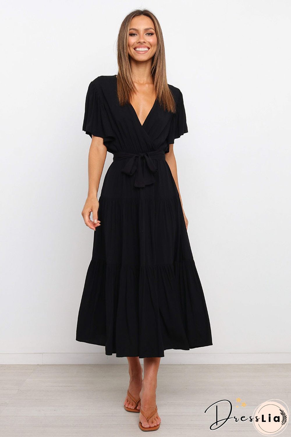 Boho Beach Vacation Summer Women Dresses New Solid V-Neck Short Ruffle Sleeve Lace-up Swing High Waist A-line Long Dress
