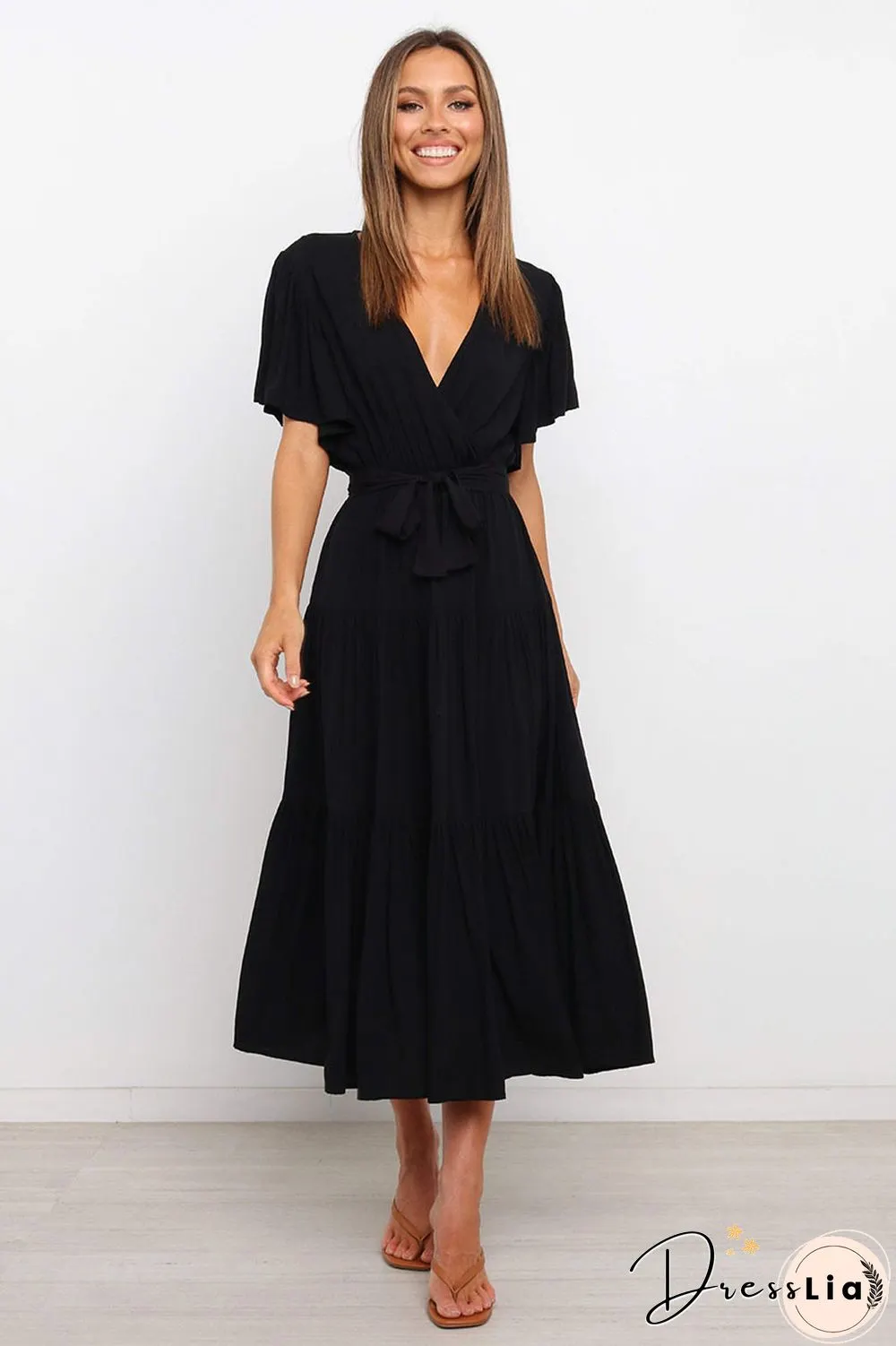 Boho Beach Vacation Summer Women Dresses New Solid V-Neck Short Ruffle Sleeve Lace-up Swing High Waist A-line Long Dress