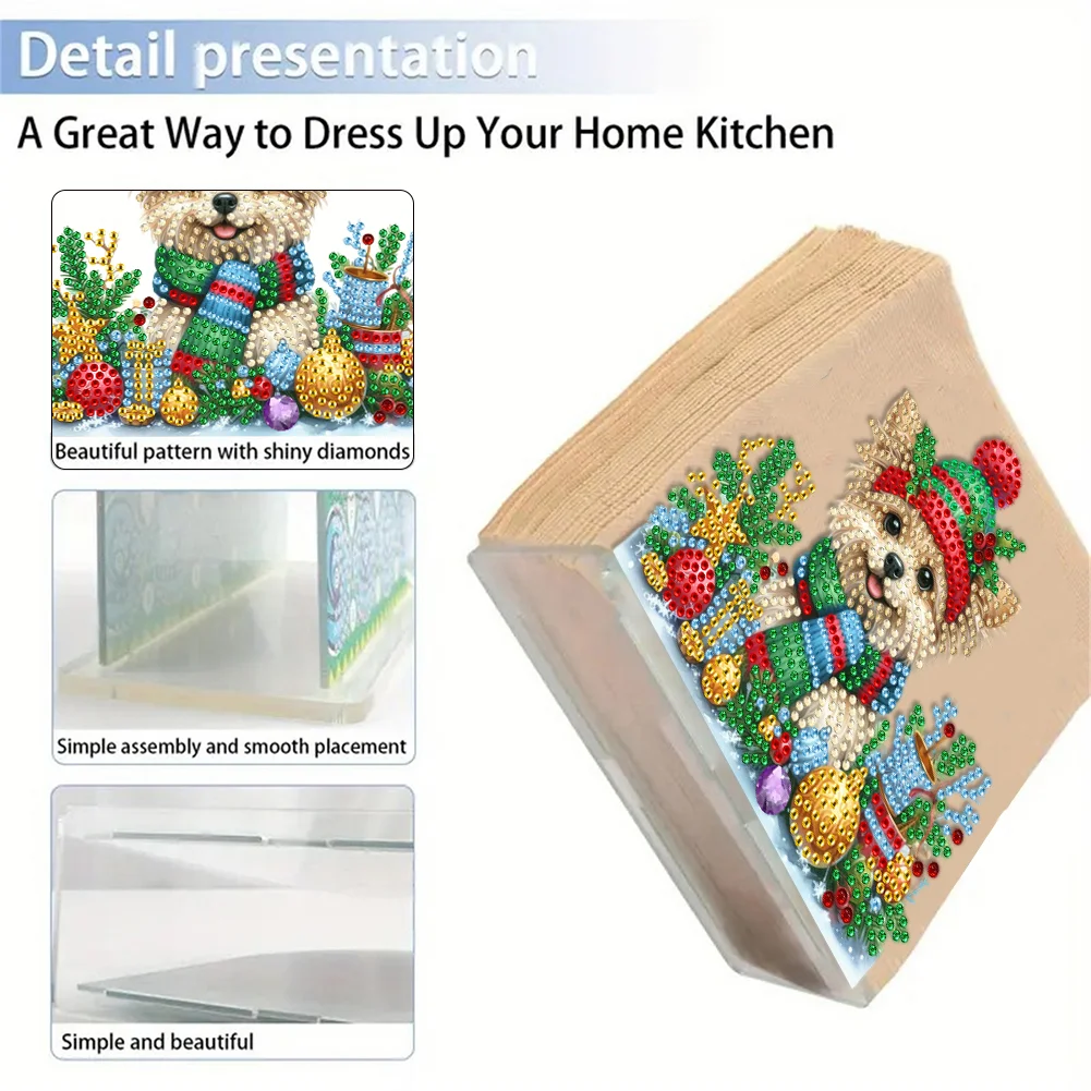 5D DIY Christmas Dog Acrylic Double Sided Diamond Art Paper Towel Storage Rack Decor