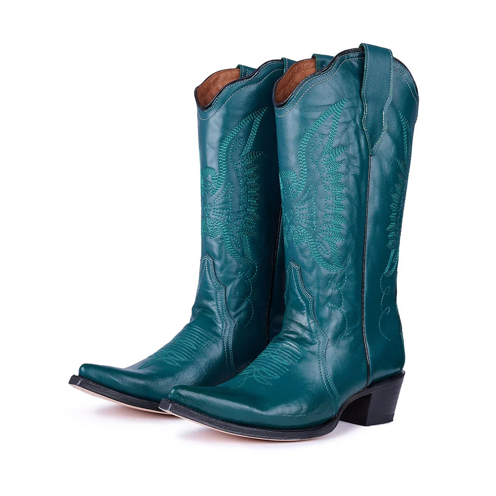 Teal Chunky Heel Pointed Toe Cowgirl Boots with Eagle Embroidery