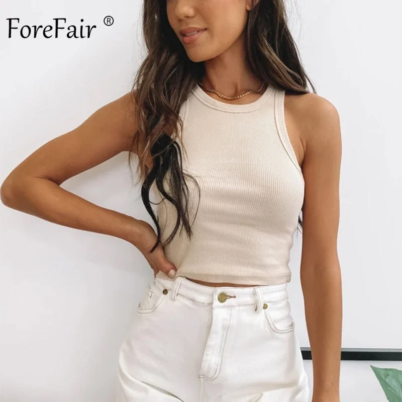 Forefair Off Shoulder Knitted Tank Tops Summer Woman Cami Out Street Sleeveless O Neck Basic Sexy Crop Tops Women