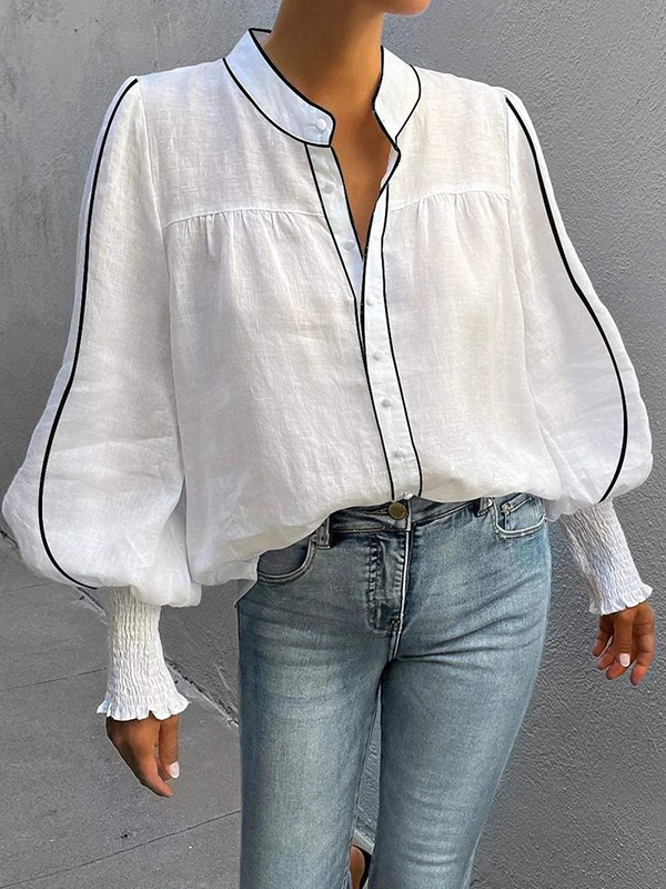 Loose Puff Sleeve Cotton Linen Blouses