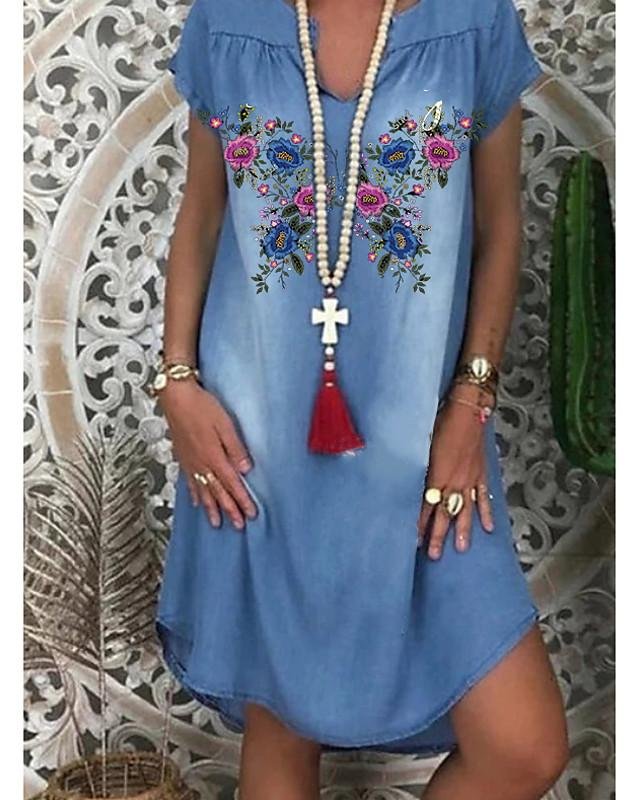 Women's Denim Dress Knee Length Dress - Short Sleeve Floral Print Summer V Neck Hot Casual Blue