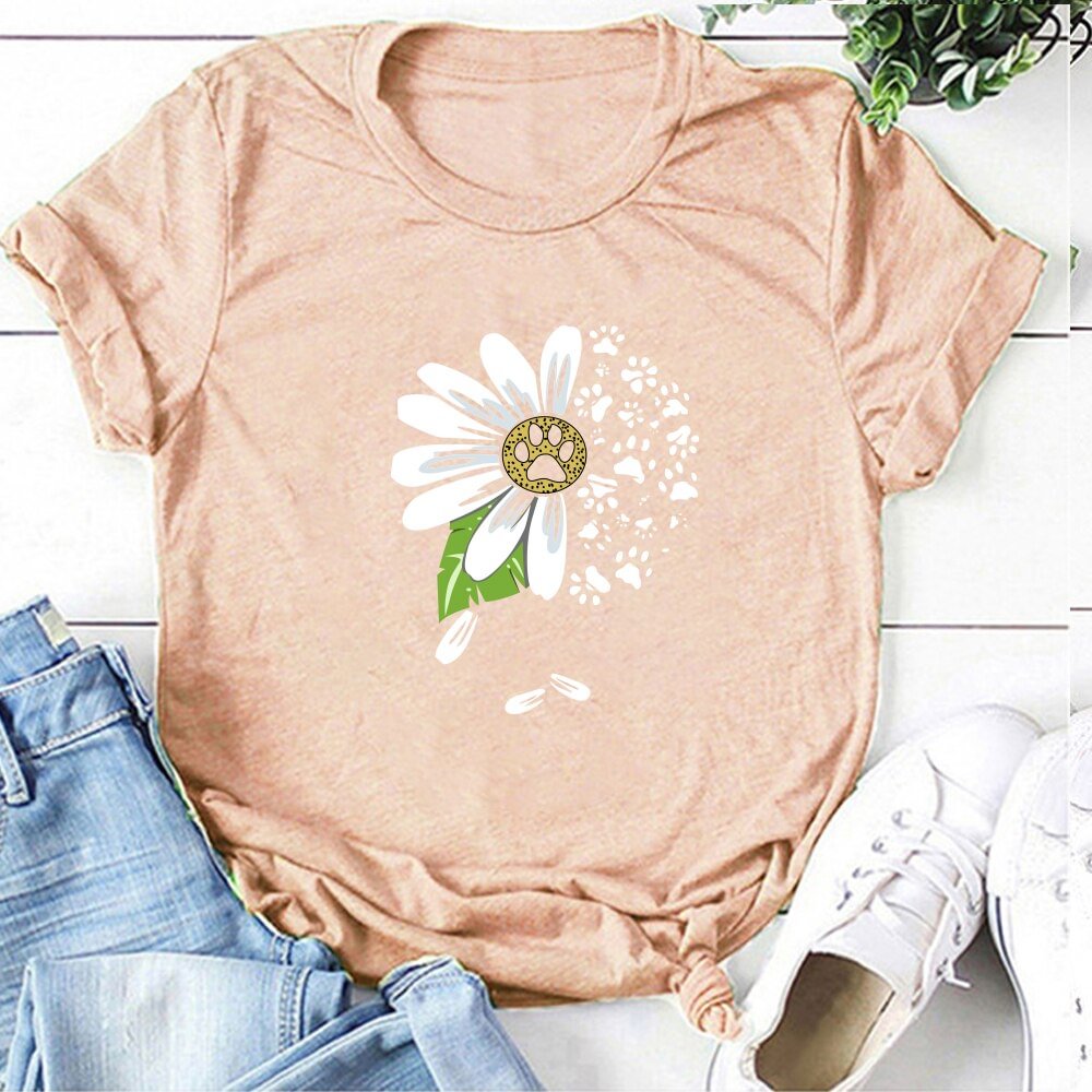 Daisy Bear Paw Print T-shirts Women Summer Graphic Tee Aesthetic Shirts for Women Casual Short Sleeve Ladies Tops Camiseta Mujer