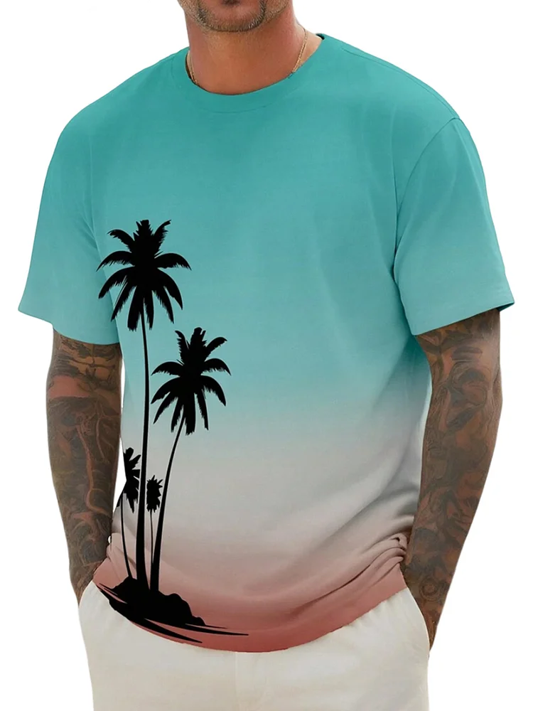 Men's Summer Gradient Hawaiian Coconut Print Short Sleeve T-Shirt