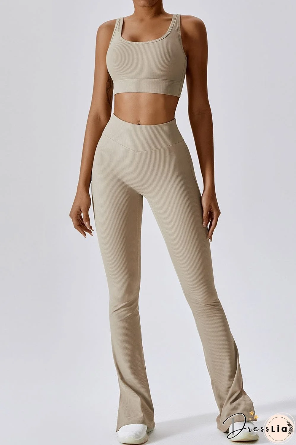 Smoke Gray Ribbed U Neck 2-Piece Sporty Activewear Set