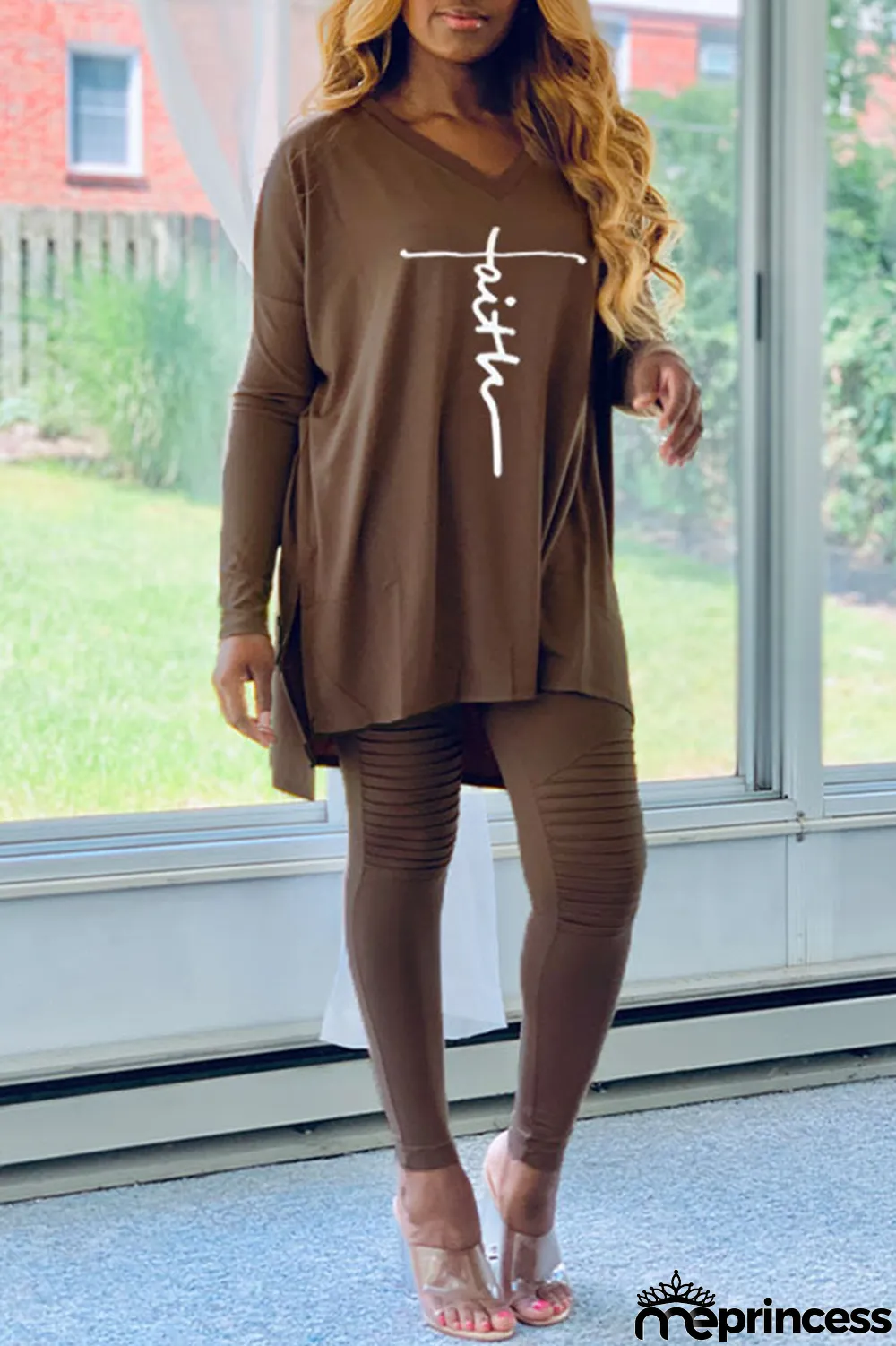 Yellow Casual Print Split Joint Asymmetrical V Neck Long Sleeve Two Pieces