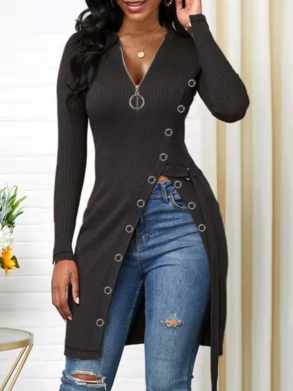 Women's V-Neck Long Sleeve High Slit Thread Zip T-Shirt Casual Top socialshop