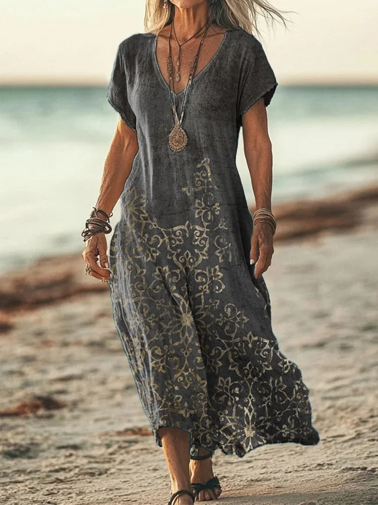 Women's Western Inspired Print Linen Blend Vintage Dress