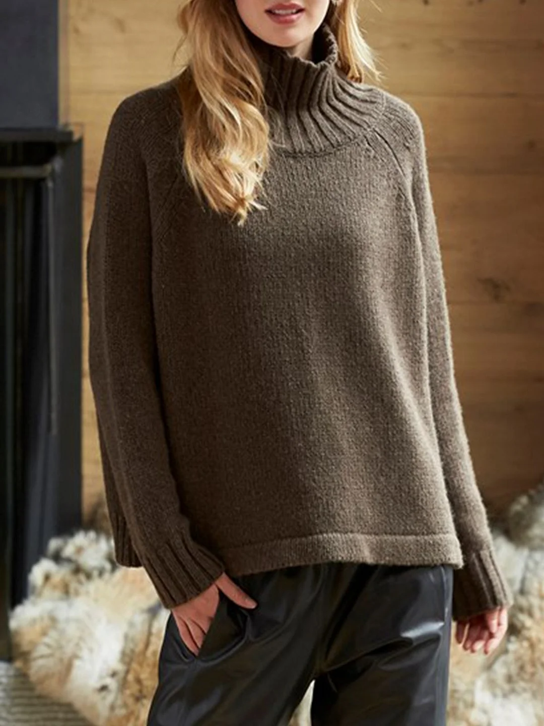 Black-Brown Solid Turtleneck Knitted Long Sleeve Plus Size Sweater