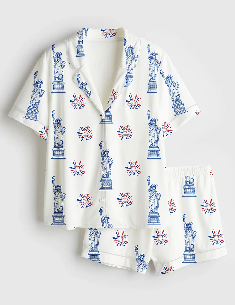 Women&rsquo;s Statue Of Liberty Patriotic Freedom 4th Of July Pledge Of Allegiance Liberty And Justice For All Print Short Sleeve Satin Pajama Set