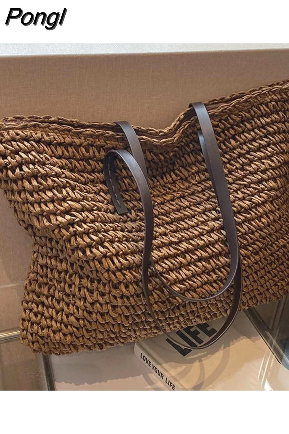 Pongl Design Straw Woven Tote Bags Summer Casual Large Capacity Handbags New Fashion Beach Women Shoulder Simple Style Shopping