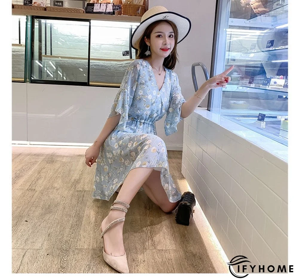 Spring Summer Chiffon Women V-Neck Floral Print Short Dresses Sweet Ruffle Sleeeve Slim Drawstring Ladies Dress | IFYHOME