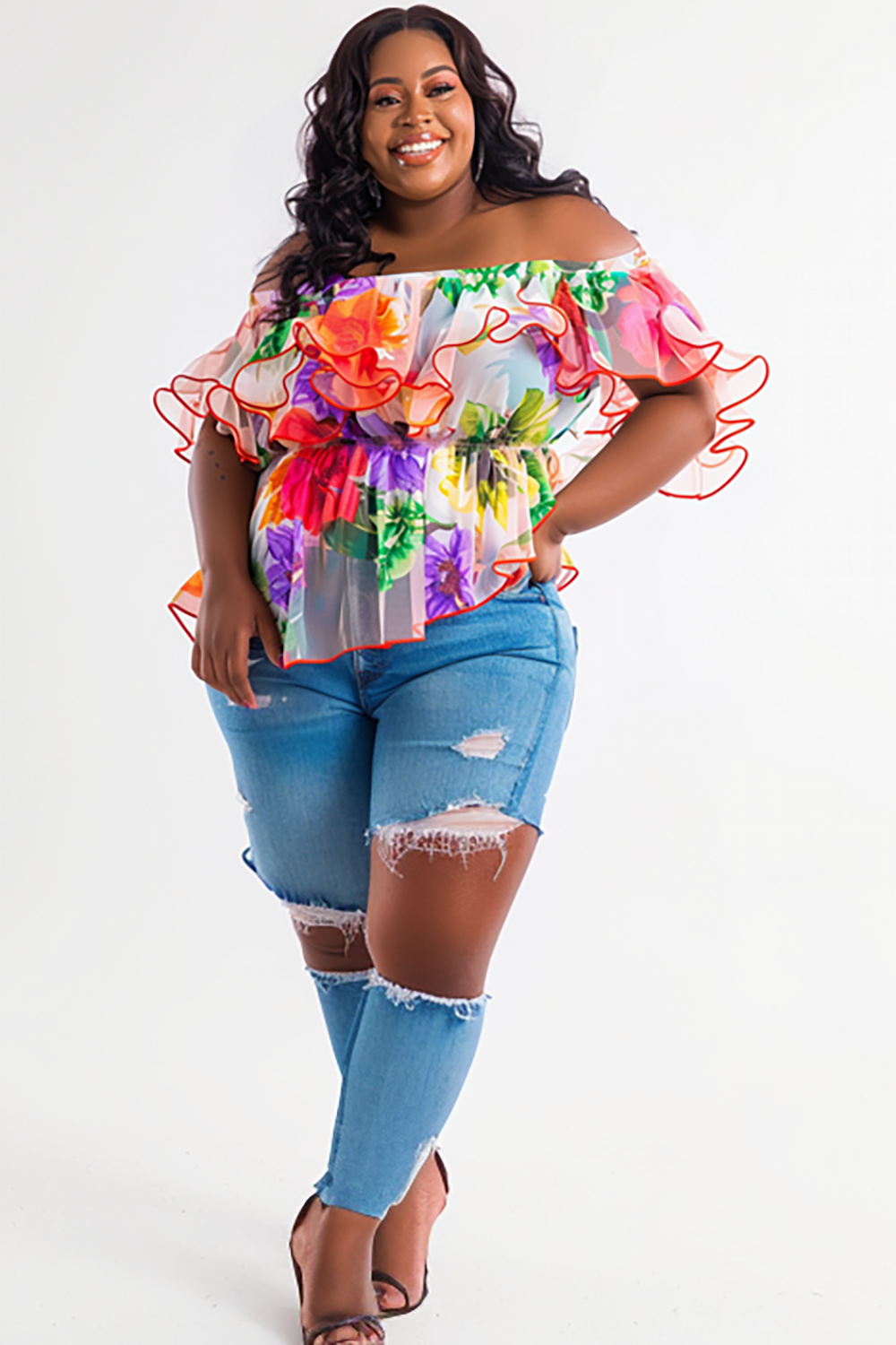 Design Plus Size Vacation Multicolor Floral Off The Shoulder Petal Sleeve Short Sleeve See Through Chiffon Tops [Pre-Order]