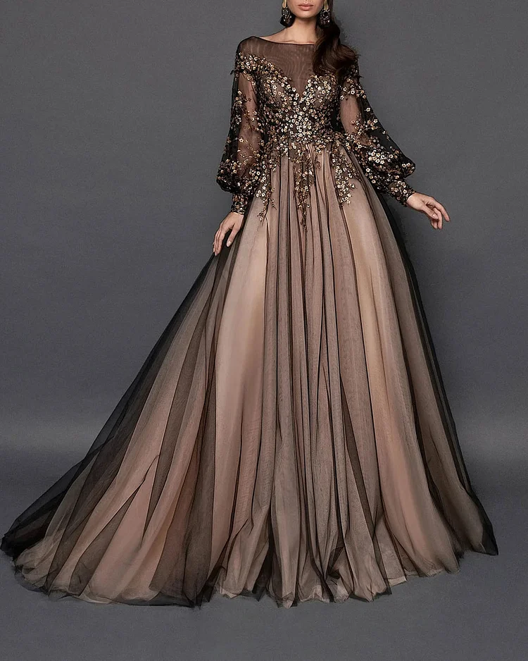 Elegant Mesh Embroidered Gown Dress 