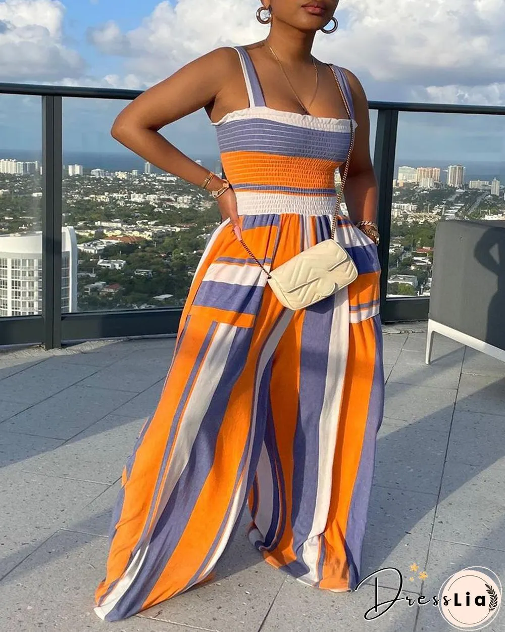 Shirred Striped Colorblock Frill Hem Jumpsuit